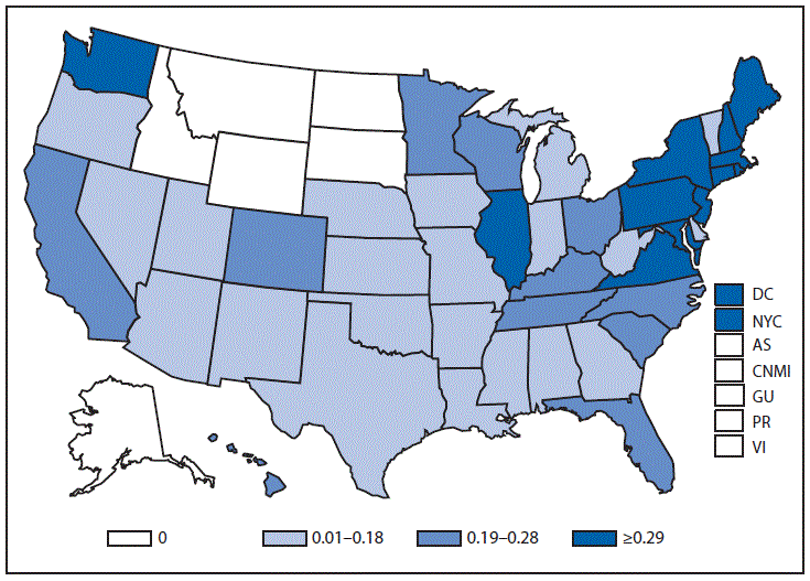 This figure is a map of the United States and U.S. territories that presents the incidence range per 100,000 population of listeriosis cases in each state and territory in 2013.