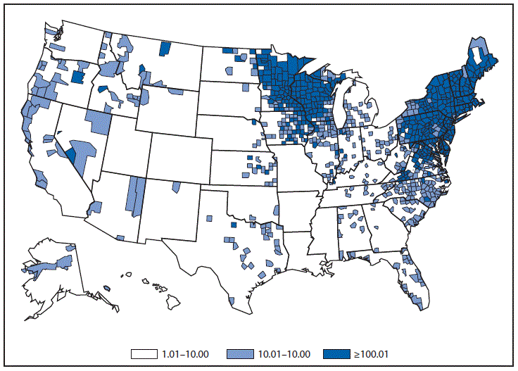 This figure is a map of the United States that presents the incidence per 100,000 population of lyme disease cases in each county in 2013.