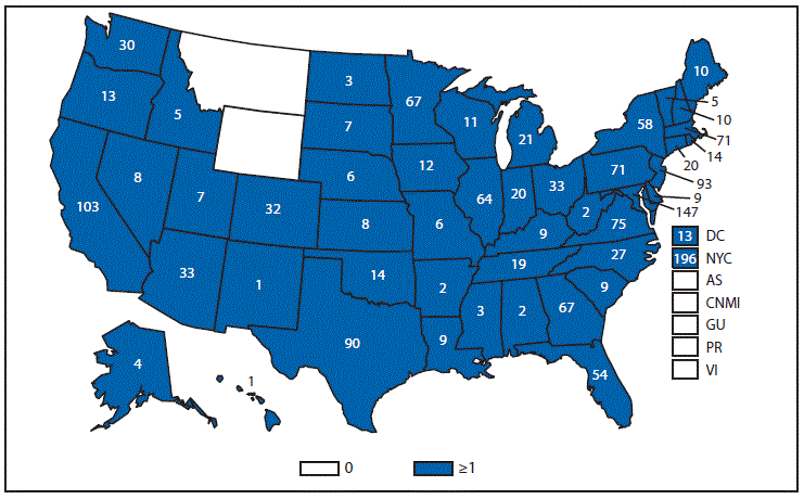 This figure is a map of the United States and U.S. territories that presents the number of malaria cases in the United States in 2013.