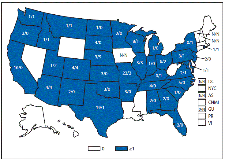 This figure is a map of the United States and U.S. territories that presents the number of acute and chronic Q fever cases in each state and territory in 2013. 