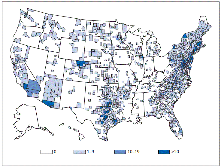 This figure is a map of the United States that presents the number of rabies cases, by county, among wild and domestic animals in the United States in 2013.