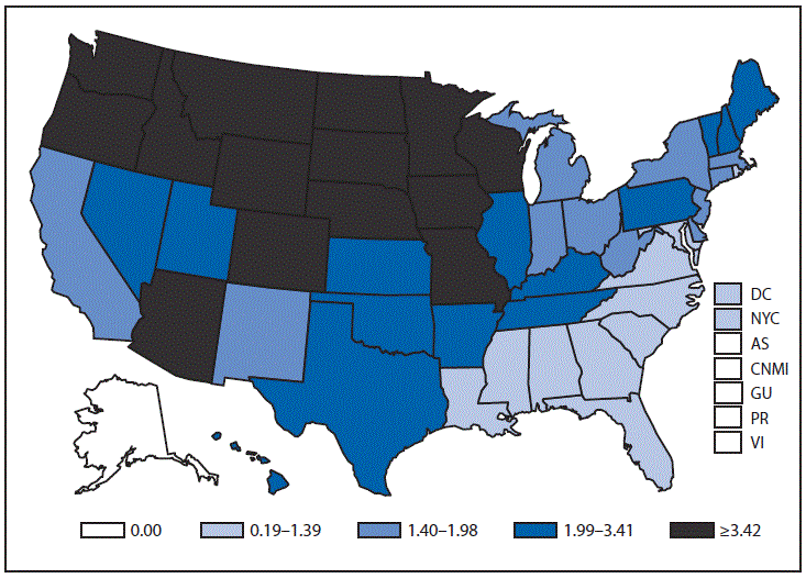 This figure is a map of the United States and U.S. territories that presents the incidence of Shiga-toxin producing Escherichia coli cases in each state and territory in 2013.