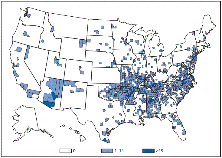 The figure is a map that presents the number of spotted fever rickettsiosis cases by county in the United States in 2013.