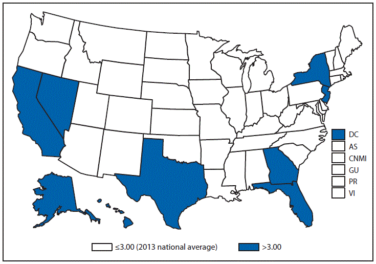 This figure is a map of the United States and U.S. territories that presents the incidence range per 100,000 population of tuberculosis cases in each state and territory in 2013.