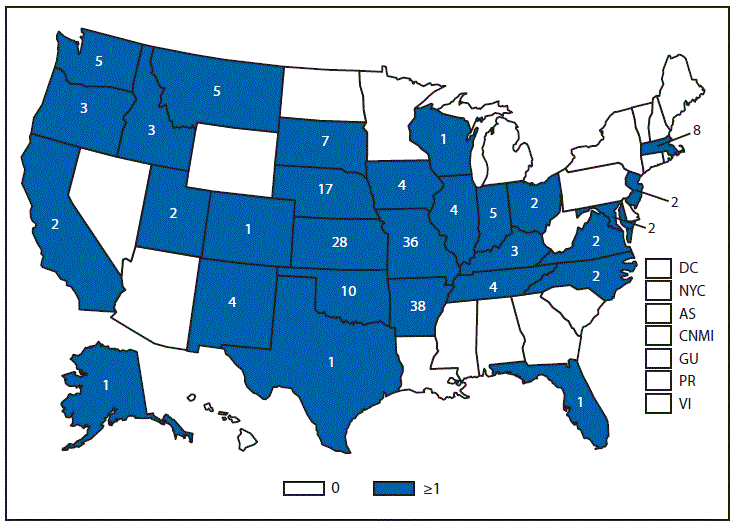 This figure is a map of the United States and U.S. territories that presents the number of tularemia cases in each state and territory in 2011.