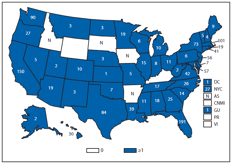 This figure is a map of the United States and U.S. territories that presents the number of cases of vibriosis in each state and territory in 2013.