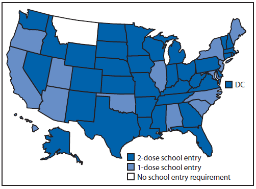 The figure above is a U.S. map showing which states had 2-dose varicella vaccine school entry requirements, 1-dose requirements, and no varicella vaccine requirements in 2012. The number of states requiring 2 doses of varicella vaccine for school entry increased from four in 2007 to 36 by 2012, and all but one state required 1 or more doses of varicella vaccine for elementary school entry by the 2012–13 school year.