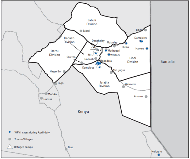The figure shows the five divisions targeted during a combined inactivated polio vaccine and oral poliovirus vaccine campaign in refugee camps and surrounding towns/villages in Kenya during Decmember 2013. During April-July 2013, a total of 14 paralytic polio cases caused by wild poliovirus 1 were reported in Kenya near the Somalia border.