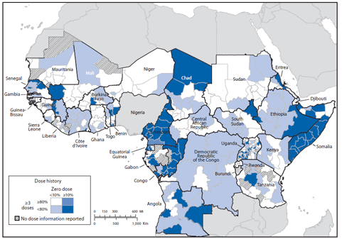 The figure above shows a map of Africa. The map illustrates oral poliovirus vaccine dose history among children aged 6-59 months, with nonpolio acute flaccid paralysis. The children were in countries experiencing importations of wild poliovirus during 2009-2013, and selected neighboring countries during July 2013-June 2014.