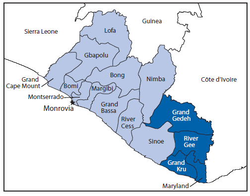 The figure above is a map showing the location of the four counties assessed for Ebola virus disease case burden, health care infrastructure, and preparedness in Liberia during August 2014. While infor¬mation about case burden and health care infrastructure was available for the two epicenters, little information was available about remote counties in southeastern Liberia.