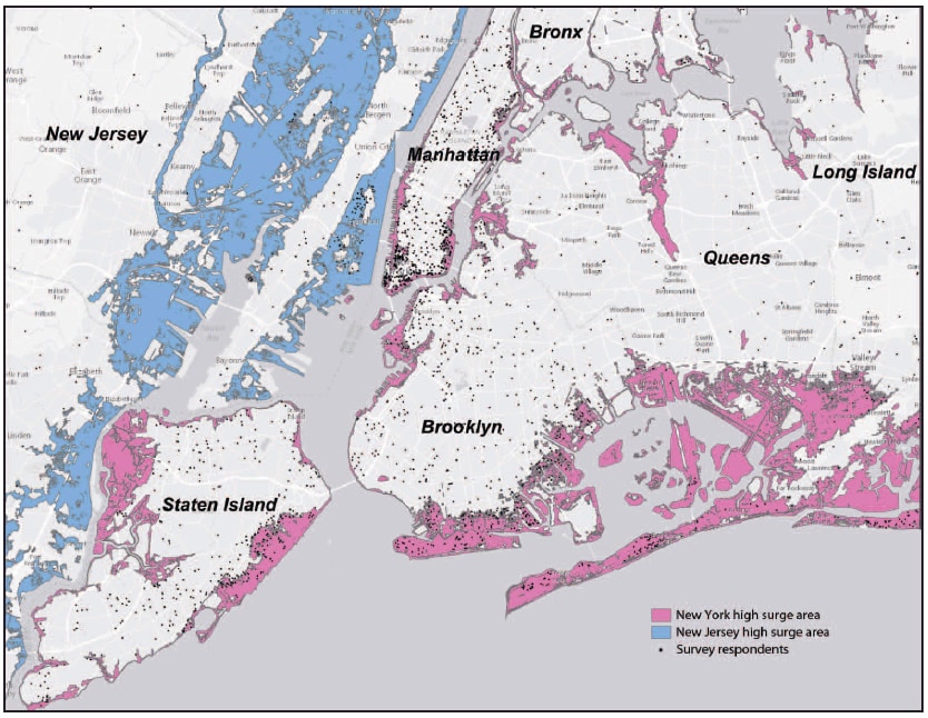 The figure above is a map of the New York City metropolitan area illustrating Hurricane Sandy inundation zones during October 2012. At the close of data collection (November 7, 2013), 4,558 surveys had been completed by 55.1% of enrollees in the inundation zones and 47.7% of enrollees not in an inundation zone.