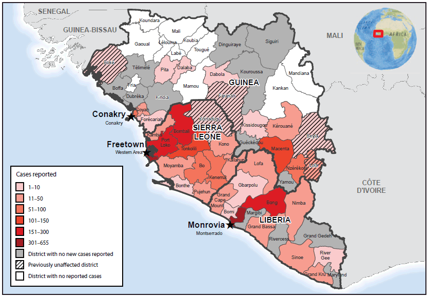 The figure above is a map of West Africa showing the number of new cases of Ebola reported in West Africa during September 28-October 18. Counts of Ebola were highest in the area around Monrovia and in the district of Bong, Liberia; the Freetown area and the northwest districts of Sierra Leone; and the district of Macenta, Guinea.