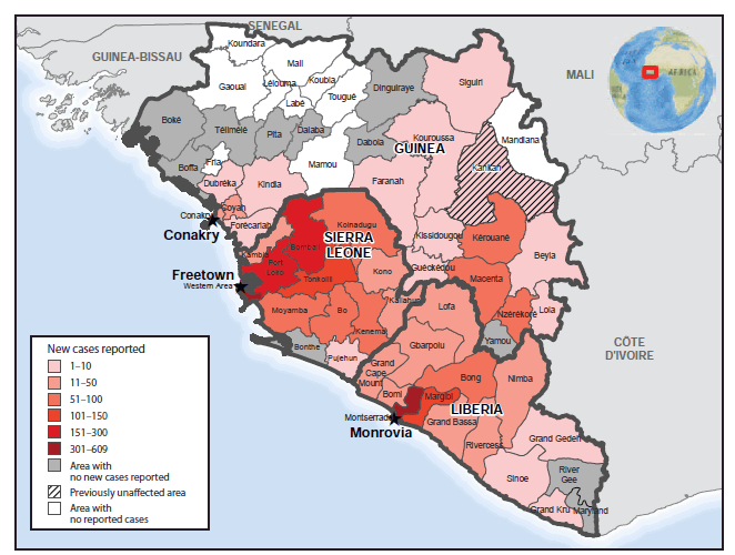 The figure is a map of Guinea, Liberia, and Sierra Leone showing the number of new cases of Ebola reported in West Africa during October 19-November 8, 2014. Counts of Ebola cases were highest in the area around Monrovia, Liberia; the Western and northwest districts of Sierra Leone, particularly Bombali and Port Loko; and the prefectures of Kérouané, Macenta, and Nzérékoré, Guinea.