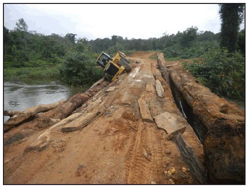 The figure above is a photograph showing a nearly impassable bridge on the road connecting Sinoe County, Liberia with Monrovia, the closest location with Ebola treatment units during September 2014.