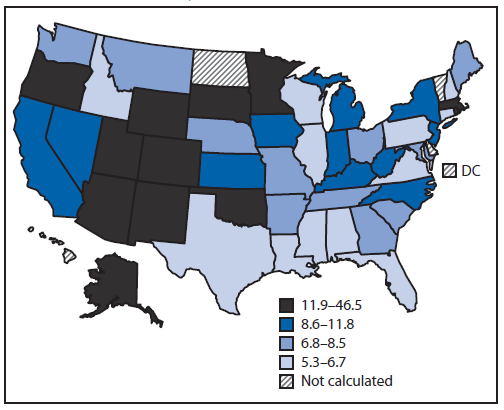 The figure is a map of the United States showing age-adjusted alcohol poisoning death rates, by state, during 2010-2012. States with the highest death rates were located mostly in the Great Plains and western United States, but also included two New England states (Rhode Island and Massachusetts).
