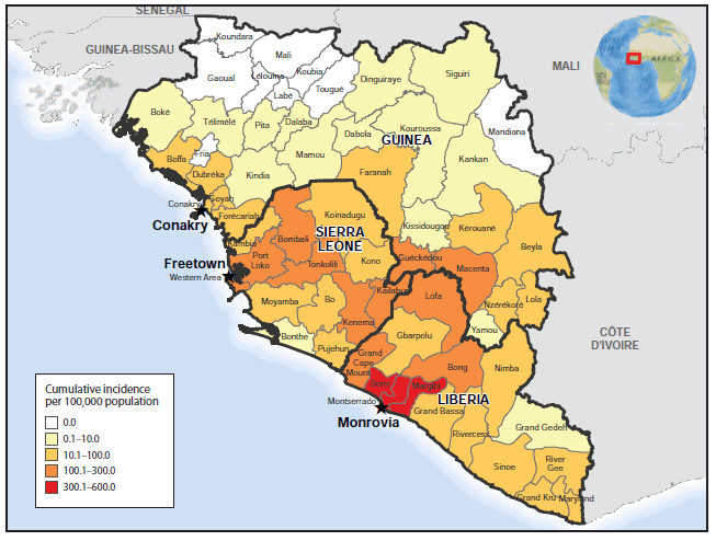 The figure above is a map showing cumulative incidence of Ebola virus disease in Guinea, Liberia, and Sierra Leone on November 30, 2014. The highest cumulative incidence rates (>100 cases per 100,000 population) were reported by two prefectures in Guinea (Guéckédou and Macenta), six counties in Liberia (Bong, Grand Cape Mount, Lofa, and, particularly, Bomi, Margibi, and Montserrado, with cumulative incidence of >300 cases per 100,000 population), and six districts in Sierra Leone (Bombali, Kailahun, Kenema, Port Loko, Tonkolili, and Western Area).