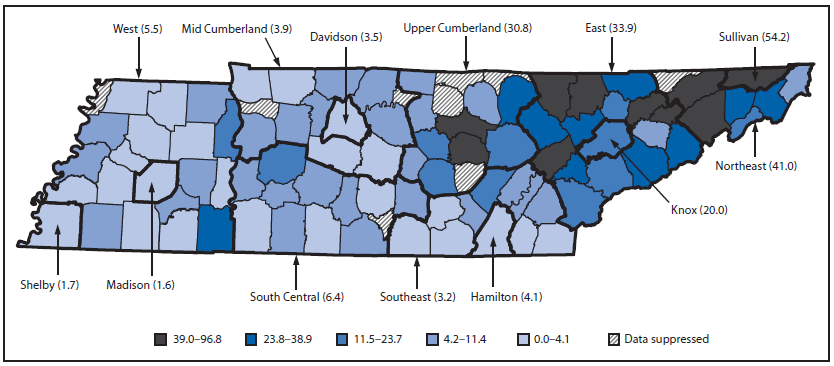 The figure above is a map of Tennessee showing the rate of neonatal abstinence syndrome per 1,000 live births in 2013, by mother's county of residence and state health department region. Rates varied across the state health department regions, ranging from 1.6 to 54.7 per 1,000 live births.