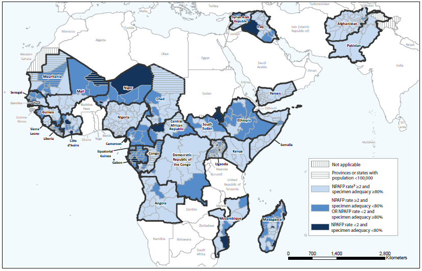 The figure is a map showing combined performance indicators for the quality of acute flaccid paralysis surveillance in subnational areas (states and provinces) of 29 countries that were affected by polio during 2010-2014 in the World Health Organization African and Eastern Mediterranean regions in 2014.