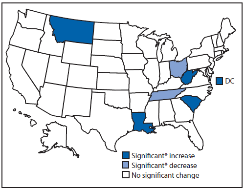 The figure above is a map of the United States showing change in percentage of current smokeless tobacco use among adults in the United States during 2011-2013.