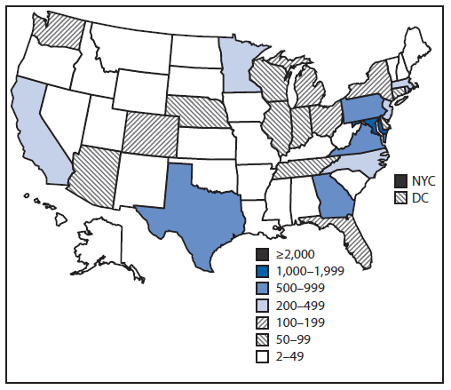 The figure is a map showing the number of persons with potential Ebola exposure monitored in 50 states, New York City, and the District of Columbia during November 3, 2014-March 8, 2015.
