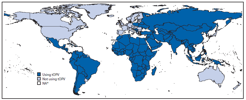 The figure is a map of the world showing the status of trivalent oral poliovirus vaccine use, by country, as of June 24, 2015.