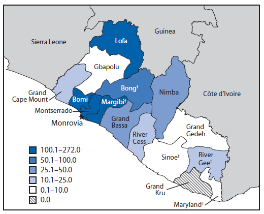The figure is a map showing the cumulative incidence of Ebola virus disease, by county, in Liberia, as of September 20, 2014.