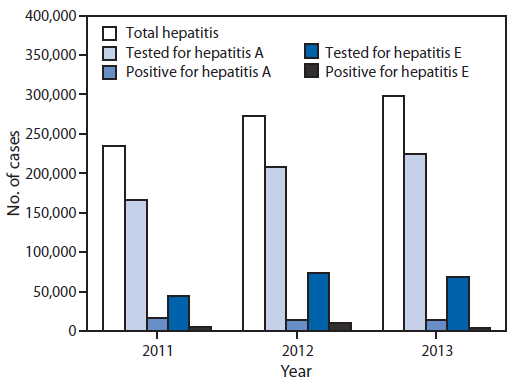 The figure is a bar chart showing the number of hepatitis cases reported, number tested, and number confirmed for hepatitis A and hepatitis E in India during 2011-2013.