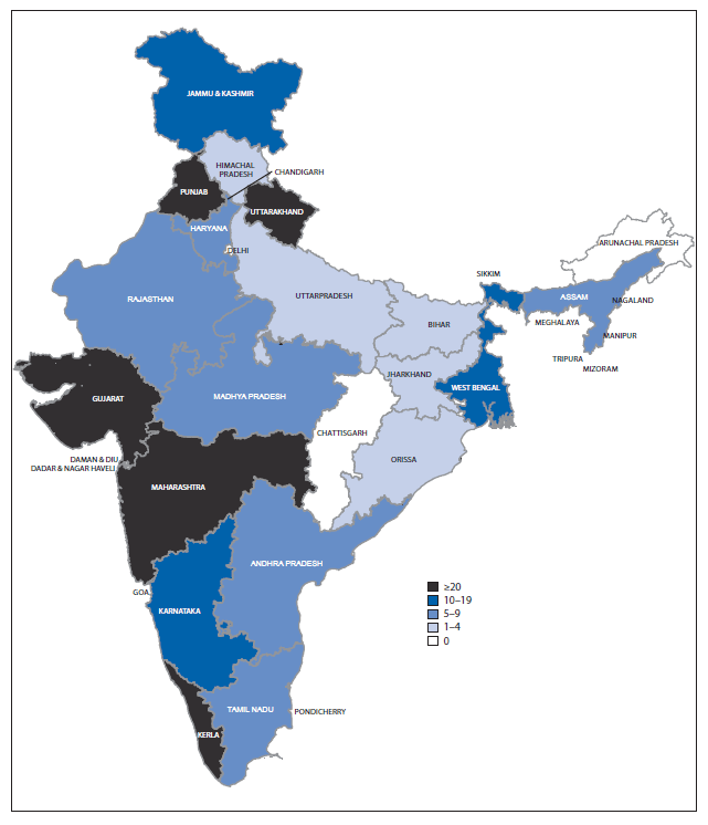 The figure is a map of India showing the number of reported hepatitis outbreaks (N = 291), by state during 2011-2013.