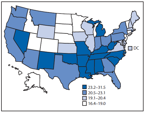 The figure is map of the United States showing prevalence of any disability among adults aged ≥18 years during 2013.