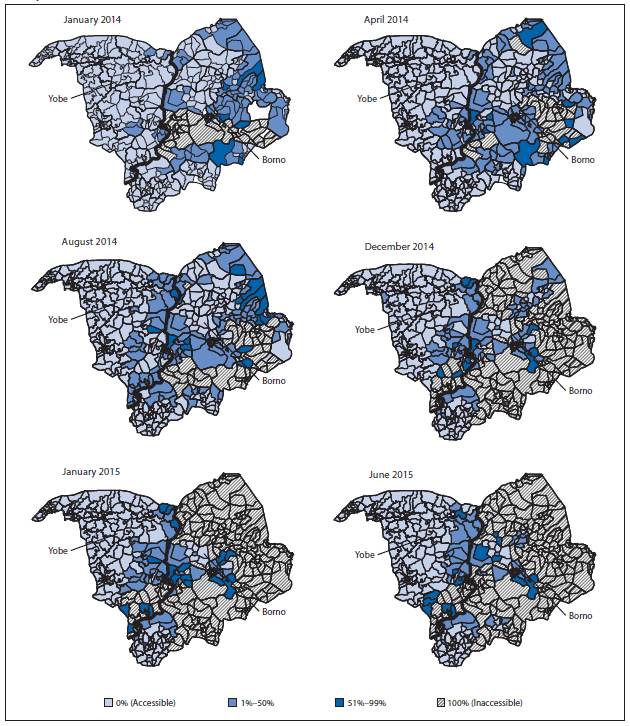 The figure above is a group of maps showing areas inaccessible to vaccination teams, by proportion of inaccessible settlements, in Borno and Yobe in northern Nigeria during January 2014-June 2015.