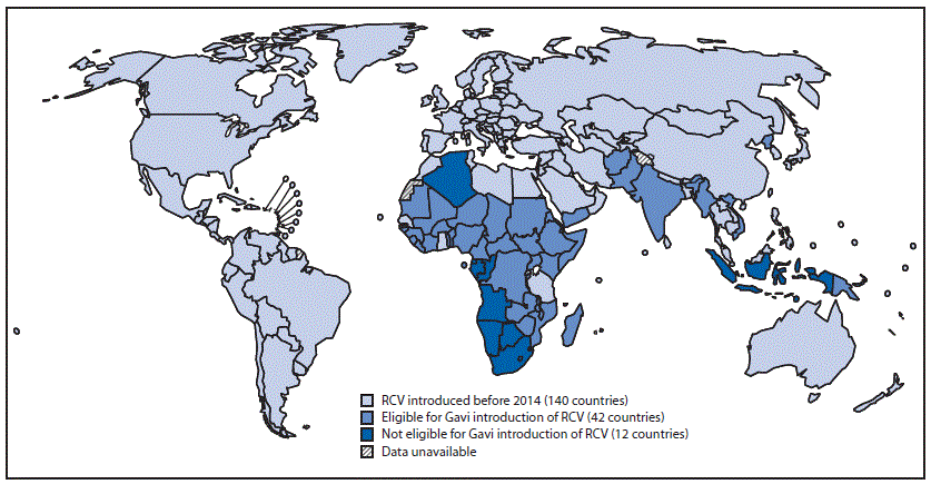 The figure above is a map of the world showing countries that have already introduced rubella-containing vaccine and countries that have not, by eligibility status for Gavi Alliance support, in 2015.