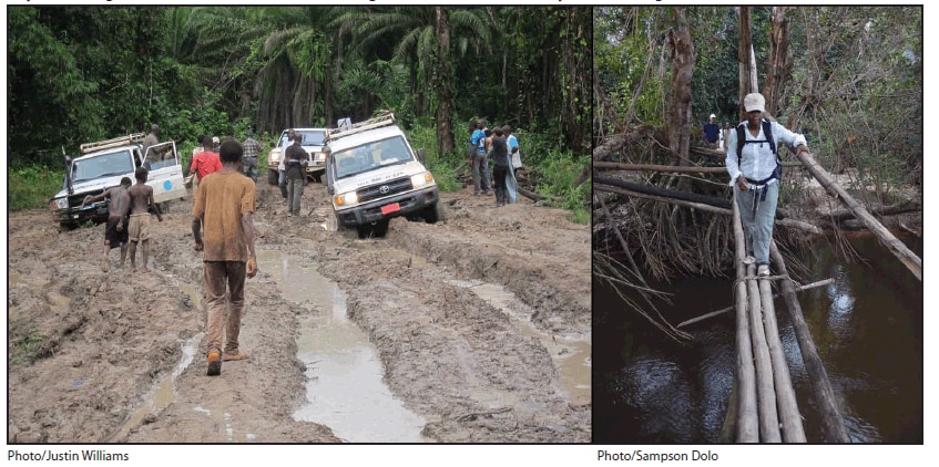 The figure above is two photographs. The one on the left shows an Ebola team dealing with an impassable road on the way to John Logan Town. The one on the right shows a team having difficulty crossings a river on the way to Bomota. 