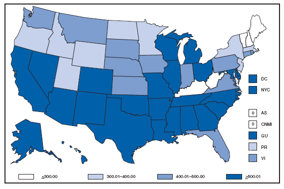 Chlamydia. Incidence* among women --- United States and U.S. territories, 2007