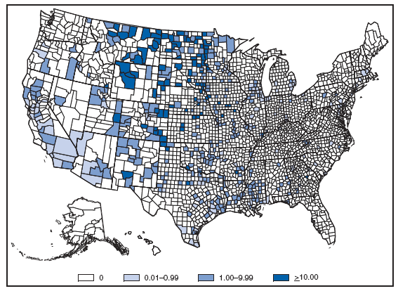 DOMESTIC ARBOVIRAL DISEASES, WEST NILE. Incidence* of reported cases of neuroinvasive disease, by county --- United States, 2007