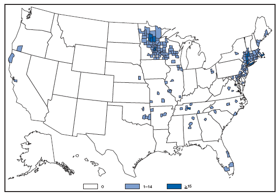 Ehrlichiosis, Human Granulocytic. Number of reported cases, by county --- United States, 2007