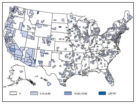 Hepatitis A. Incidence* by county --- United States, 2007