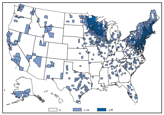 Lyme Disease. Number of reported cases, by county --- United States, 2007