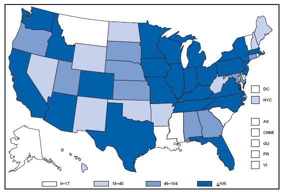 Shiga toxin-producing Escherichia coli (STEC). Number of reported cases --- United States and U.S. territories, 2007