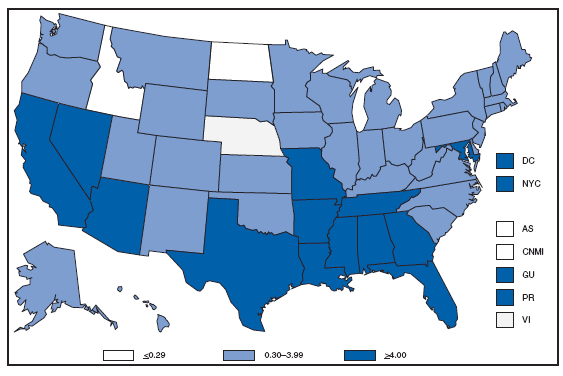 Syphilis, Primary and Secondary. Incidence* --- United States and U.S. territories, 2007