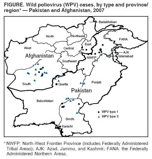 FIGURE. Wild poliovirus (WPV) cases, by type and province/
region*  Pakistan and Afghanistan, 2007