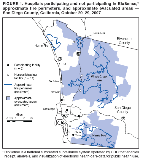 FIGURE 1. Hospitals participating and not participating in BioSense,*
approximate fire perimeters, and approximate evacuated areas 
San Diego County, California, October 2029, 2007