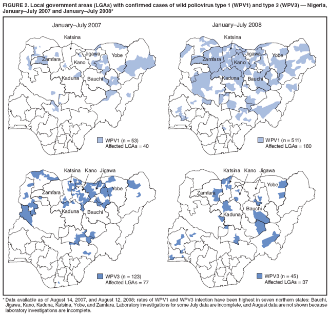 FIGURE 2. Local government areas (LGAs) with confirmed cases of wild poliovirus type 1 (WPV1) and type 3 (WPV3)  Nigeria,
JanuaryJuly 2007 and JanuaryJuly 2008*