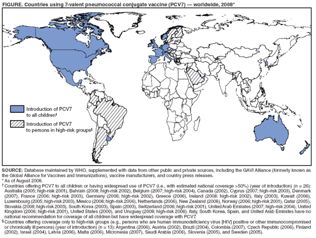 FIGURE. Countries using 7-valent pneumococcal conjugate vaccine (PCV7)  worldwide, 2008*