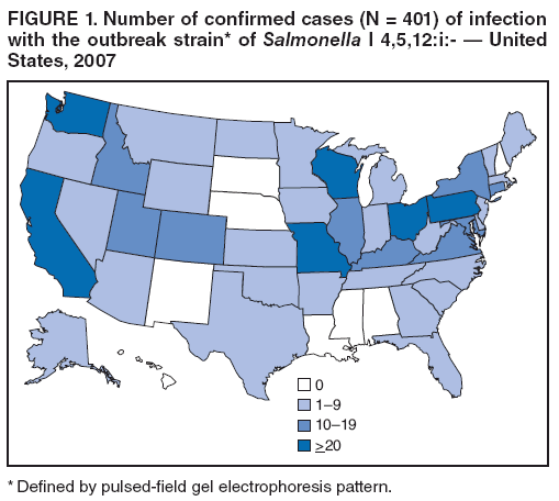 FIGURE 1. Number of confirmed cases (N = 401) of infection with the outbreak strain* of Salmonella I 4,5,12:i:-  United States, 2007