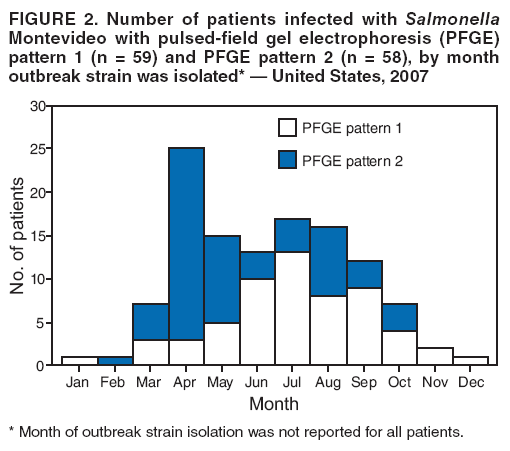FIGURE 2. Number of patients infected with Salmonella Montevideo with pulsed-field gel electrophoresis (PFGE) pattern 1 (n = 59) and PFGE pattern 2 (n = 58), by month outbreak strain was isolated*  United States, 2007