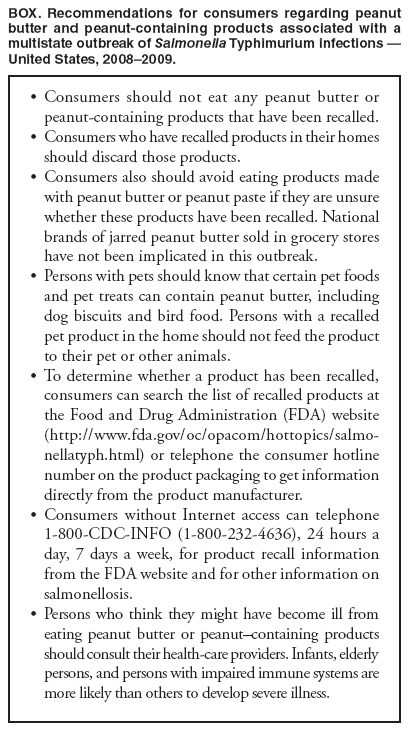 BOX. Recommendations for consumers regarding peanut butter and peanut-containing products associated with a multistate outbreak of Salmonella Typhimurium infections  United States, 20082009.
Consumers should not eat any peanut butter or
peanut-containing products that have been recalled.
 Consumers who have recalled products in their homes should discard those products.
 Consumers also should avoid eating products made with peanut butter or peanut paste if they are unsure whether these products have been recalled. National brands of jarred peanut butter sold in grocery stores have not been implicated in this outbreak.
 Persons with pets should know that certain pet foods and pet treats can contain peanut butter, including dog biscuits and bird food. Persons with a recalled pet product in the home should not feed the product to their pet or other animals.
 To determine whether a product has been recalled, consumers can search the list of recalled products at the Food and Drug Administration (FDA) website (http://www.fda.gov/oc/opacom/hottopics/salmonellatyph.
html) or telephone the consumer hotline number on the product packaging to get information directly from the product manufacturer.
 Consumers without Internet access can telephone 1-800-CDC-INFO (1-800-232-4636), 24 hours a day, 7 days a week, for product recall information from the FDA website and for other information on salmonellosis.
 Persons who think they might have become ill from eating peanut butter or peanutcontaining products should consult their health-care providers. Infants, elderly persons, and persons with impaired immune systems are more likely than others to develop severe illness.