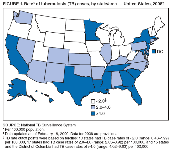 FIGURE 1. Rate* of tuberculosis (TB) cases, by state/area  United States, 2008