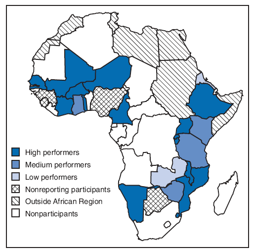The figure shows countries trained to conduct surveillance for the Pediatric Bacterial Meningitis Surveillance Network, by performance level. During 2001-2002, clinical, laboratory, and data management staffs in 26 of the 46 countries in the African Region were trained to conduct hospital-based PBM sentinel surveillance. In 2008, 22 countries continued to participate in the network.