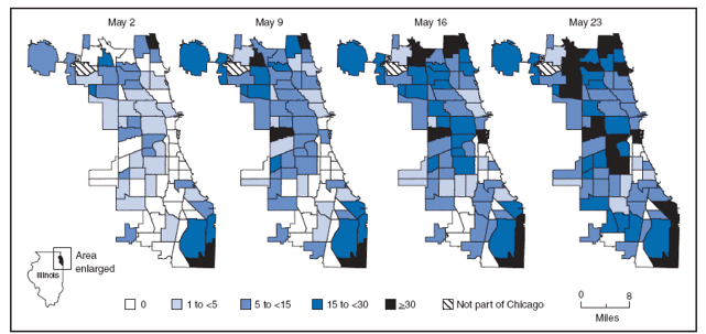 The figure shows cumulative cases of laboratory-confirmed 2009 pandemic influenza A (H1N1), by specimen collection date and community area in Chicago from April through May 2009. Although an initial cluster was identified in one northeastern community area during the first week of the outbreak, cases soon were reported among residents of multiple community areas throughout the city. By May 23, the fifth week of the outbreak, cases had been reported in 68 of Chicago's 77 community areas.
