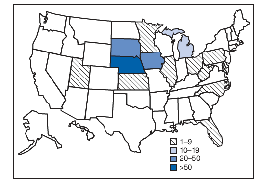 The figure shows a map of the United States and states in which a total of 228 infections occurred during February through April 2009, as of May 1, 2009, with the outbreak strain of Salmonella Saintpaul, associated with eating alfalfa sprouts. The 13 states and number of infections shown for each are Nebraska, more than 50 case; Iowa and South Dakota, 20 to 50 cases; Michigan, 10 to 19 cases; and Illinois, Florida, Kansas, Minnesota, North Carolina, Ohio, Pennsylvania, Utah, and West Virginia, 1 to 9 cases.